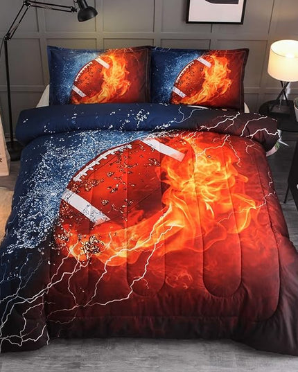 NTBED American Football Comforter Set for Boys Teens,3D Sports Bedding Full Size 6pcs,Rugby Printed Quilt Sets with 2 Matching Pillow Shams - LeafyLoom