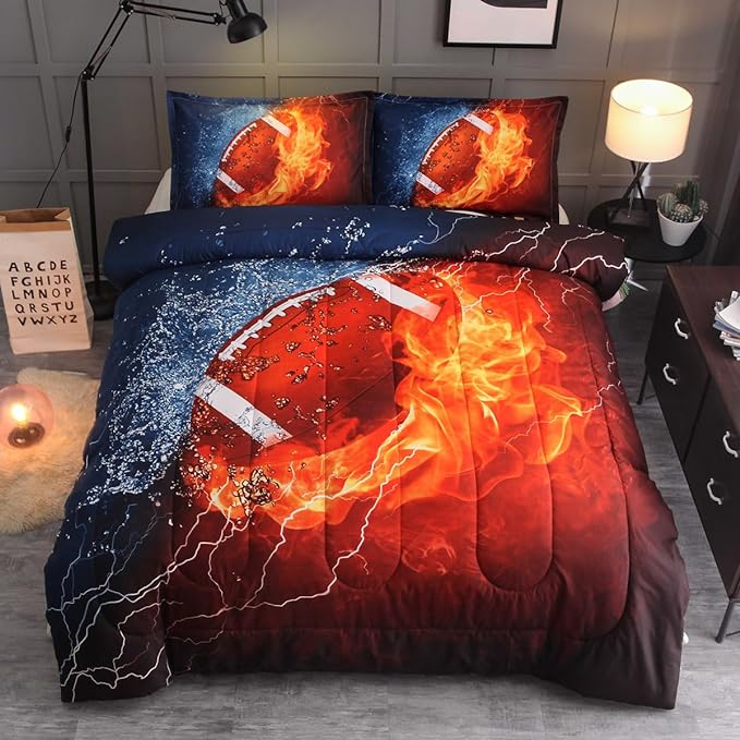 NTBED American Football Comforter Set for Boys Teens,3D Sports Bedding Full Size 6pcs,Rugby Printed Quilt Sets with 2 Matching Pillow Shams - LeafyLoom