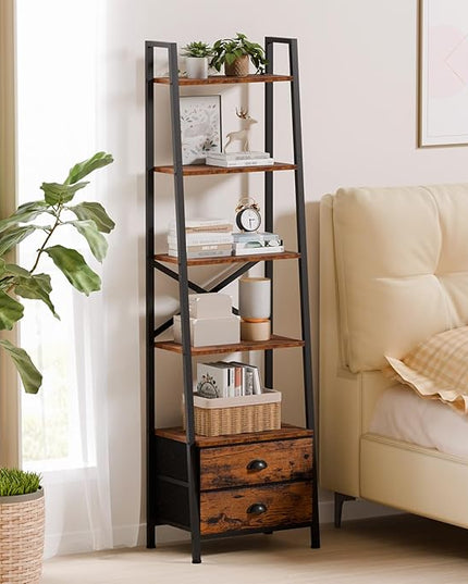 Furologee 5-Tier Ladder Shelf with 2 Drawers,Narrow Bookshelf Storage Shelves,Industrial Bookcase Freestanding Shelf Units for Bedroom,Living Room,Bathroom,Home Office,Balcony,Wood Metal,Rustic Brown - LeafyLoom