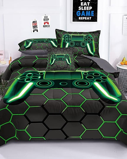 Kids Gaming Bedding Sets, 6 Piece Gamer Comforter Sets for Teens Boys Full Size for Bedroom Comforter Set Adult 3D Gamepad Microfiber Bedding Sets Fits All Season Full Size Comforter Sets - LeafyLoom