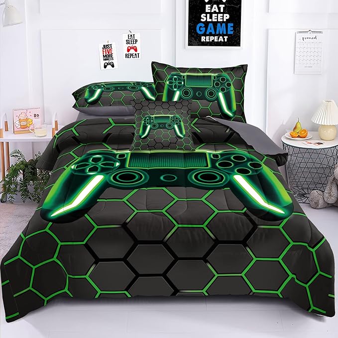 Kids Gaming Bedding Sets, 6 Piece Gamer Comforter Sets for Teens Boys Full Size for Bedroom Comforter Set Adult 3D Gamepad Microfiber Bedding Sets Fits All Season Full Size Comforter Sets - LeafyLoom