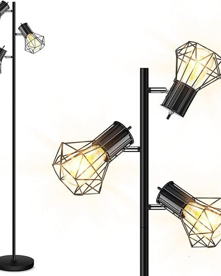 Industrial Floor Lamp, Standing Lamp, Farmhouse Tree Floor Lamp with 3pcs 6W Edison Bulbs, Free Adjustable Cage Heads, Independent Control, Floor Lamp for Living Room, Bedroom, Office, Rustic Home - LeafyLoom