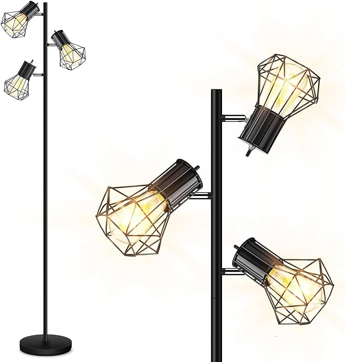 Industrial Floor Lamp, Standing Lamp, Farmhouse Tree Floor Lamp with 3pcs 6W Edison Bulbs, Free Adjustable Cage Heads, Independent Control, Floor Lamp for Living Room, Bedroom, Office, Rustic Home - LeafyLoom