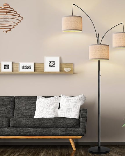 Dimmable Floor Lamp - 3 Lights Arc Floor Lamps for Living Room, 1000LM Modern Tall Standing Lamp with Beige Shades & Heavy Base, Mid Century Tree Floor Lamp for Bedroom Office, 3 LED Bulbs Included - LeafyLoom