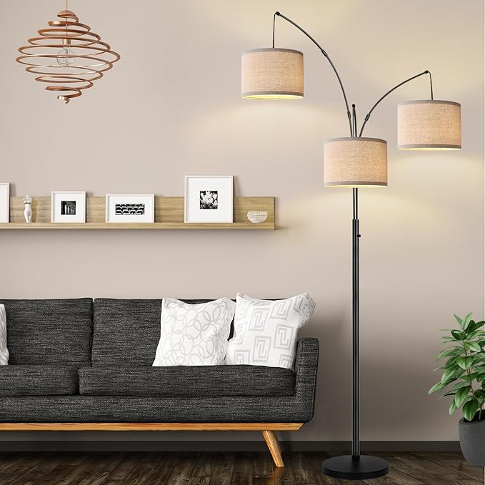 Dimmable Floor Lamp - 3 Lights Arc Floor Lamps for Living Room, 1000LM Modern Tall Standing Lamp with Beige Shades & Heavy Base, Mid Century Tree Floor Lamp for Bedroom Office, 3 LED Bulbs Included - LeafyLoom