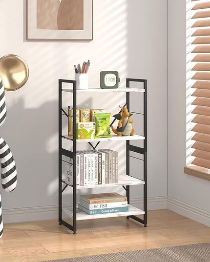 4 Tiers Bookshelf Adjustable White Faux Marble Organizer, Modern Small Bookcase for Small Space,Industrial Wooden Storage Display Rack and Storage Organizer for Living Room Home Office - LeafyLoom