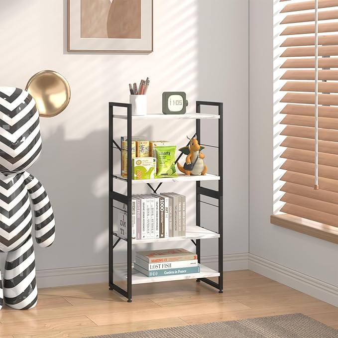 4 Tiers Bookshelf Adjustable White Faux Marble Organizer, Modern Small Bookcase for Small Space,Industrial Wooden Storage Display Rack and Storage Organizer for Living Room Home Office - LeafyLoom