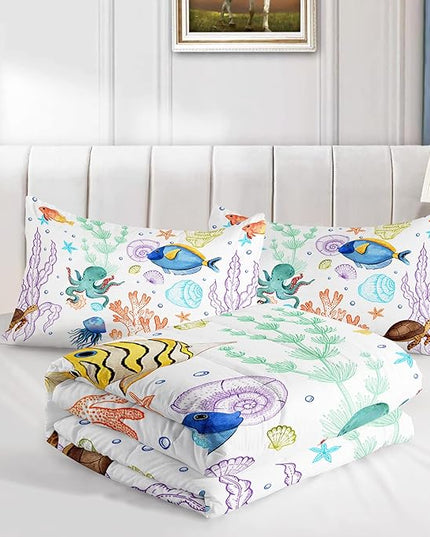 Turtle Comforter Set Queen Ocean Watercolor Sea Turtle Bedding Set Tropical Fish Marine Life Bed Set with 2 Pillowcases for Kids Room Decor - LeafyLoom