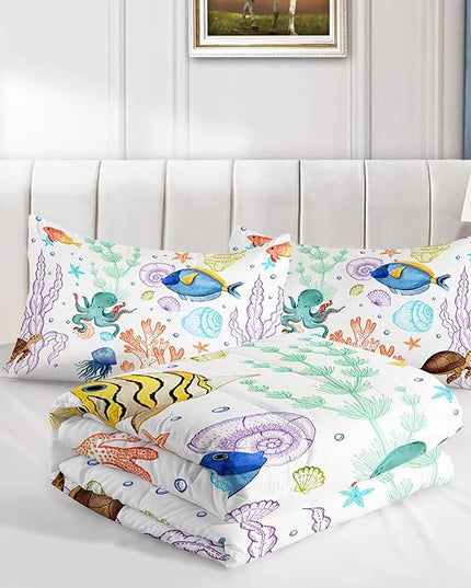 Turtle Comforter Set Queen Ocean Watercolor Sea Turtle Bedding Set Tropical Fish Marine Life Bed Set with 2 Pillowcases for Kids Room Decor - LeafyLoom