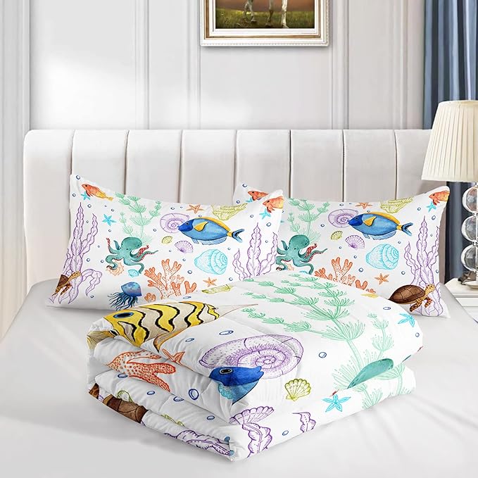 Turtle Comforter Set Twin Ocean Watercolor Sea Turtle Bedding Set Tropical Fish Marine Life Bed Set with 2 Pillowcases for Kids Room Decor - LeafyLoom