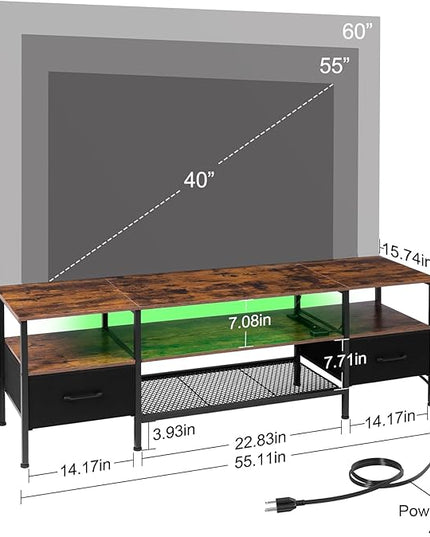 TV Stand for 50/55/60 inch TV, LED Entertainment Center with Charging Station, Small TV Table with Storage Drawer and Shelf, TV Console for Living Room Bedroom, Brown, HTS042BR - LeafyLoom