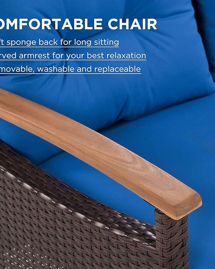 Merax Patio Furniture Sets 4 Pieces, All Weather Outdoor PE Rattan Sofa with Wood Table and Legs, for Lawn, Backyard, Poolside or Garden, Blue - LeafyLoom