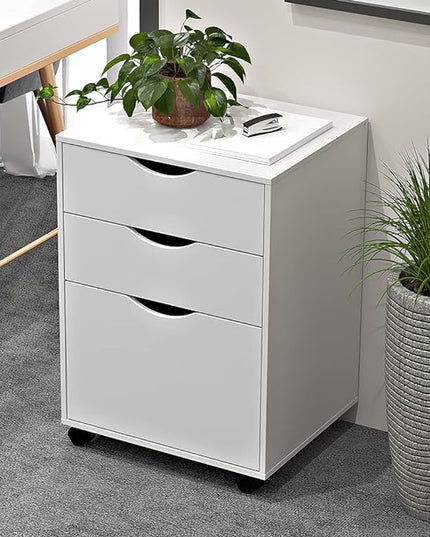 3 Drawers Storage Cabinet, Wooden Mobile Filing Cabinet for Mini Printer Stand, with Lockable Casters, for Home Office (3-Drawers, White) - LeafyLoom