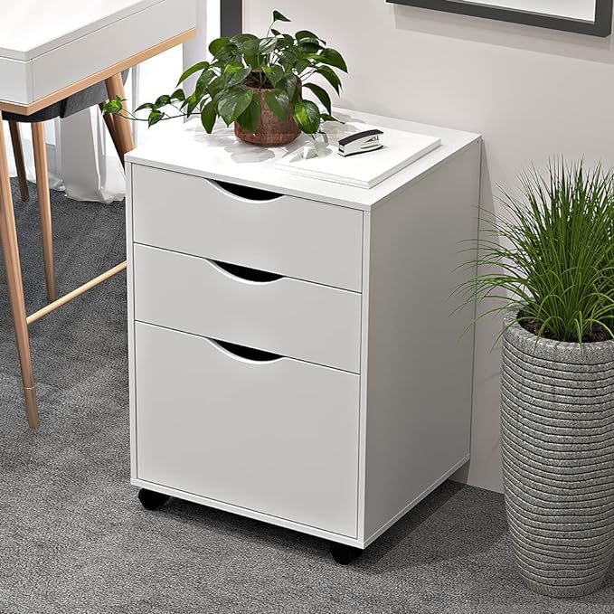 3 Drawers Storage Cabinet, Wooden Mobile Filing Cabinet for Mini Printer Stand, with Lockable Casters, for Home Office (3-Drawers, White) - LeafyLoom