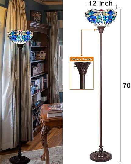 Capulina Tiffany Torchiere Floor Lamp Industrial Dark Bronze Pole Sea Blue Dragonfly Style Stained Glass Standing Light for Living Room Bedroom Home Office - LeafyLoom