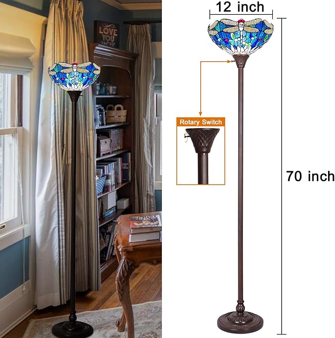 Capulina Tiffany Torchiere Floor Lamp Industrial Dark Bronze Pole Sea Blue Dragonfly Style Stained Glass Standing Light for Living Room Bedroom Home Office - LeafyLoom
