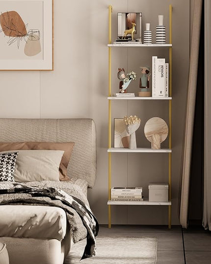 Ladder Shelf 4 Tiers Metal Industrial Bookshelf,White Marble Wood Tall Open Storage Rack and Display Shelves,Wall Mount Wide Book Case for Home Office Bedroom,Small - LeafyLoom