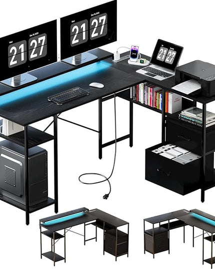 L-Shaped Home Office Desks with 2 Drawers Reversible Computer Gaming Desk with Monitor Stand Power Outlets Corner Desks for Home Office 61" Pure Black - LeafyLoom