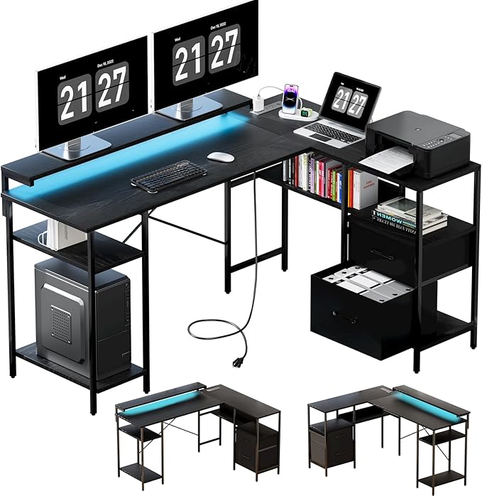 L-Shaped Home Office Desks with 2 Drawers Reversible Computer Gaming Desk with Monitor Stand Power Outlets Corner Desks for Home Office 61" Pure Black - LeafyLoom