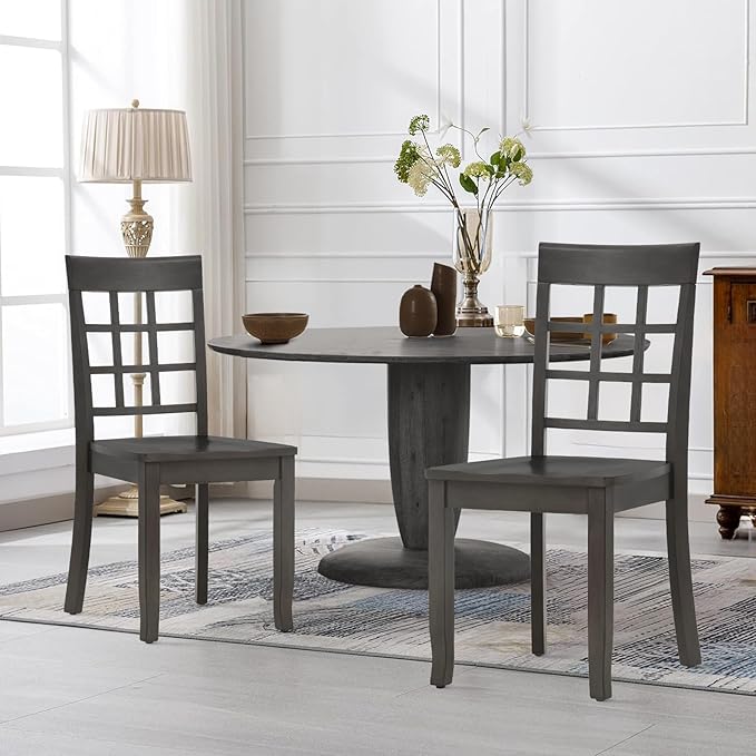 COLAMY Wooden Dining Chairs Set of 6, Nine-Square High Back Kitchen Side Chair, Farmhouse Dining Chairs for Kitchen and Dining Room, Dark Grey - LeafyLoom