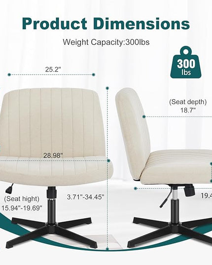 OLIXIS Cross Legged Armless Wide Adjustable Swivel Padded Home Office Desk Chair, White - LeafyLoom