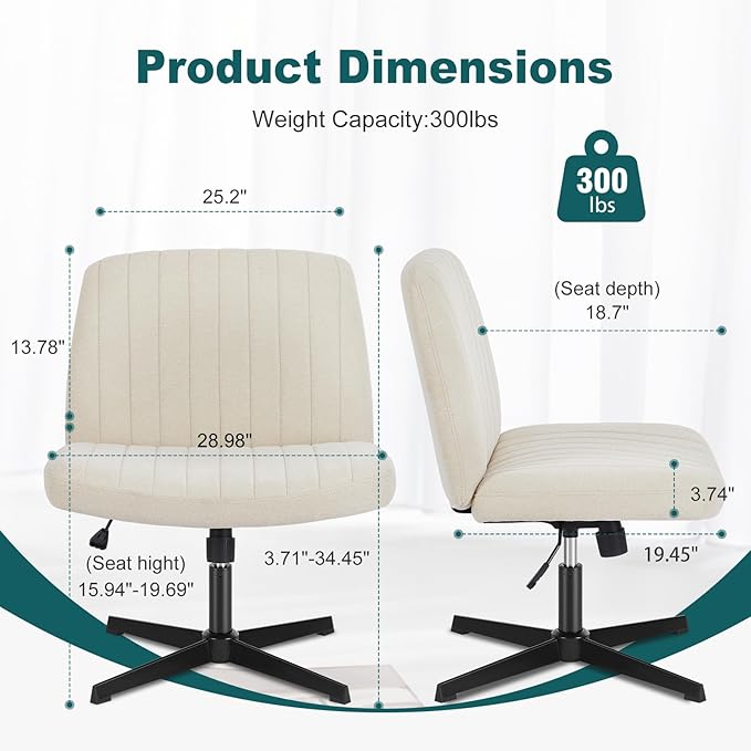 OLIXIS Cross Legged Armless Wide Adjustable Swivel Padded Home Office Desk Chair, White - LeafyLoom