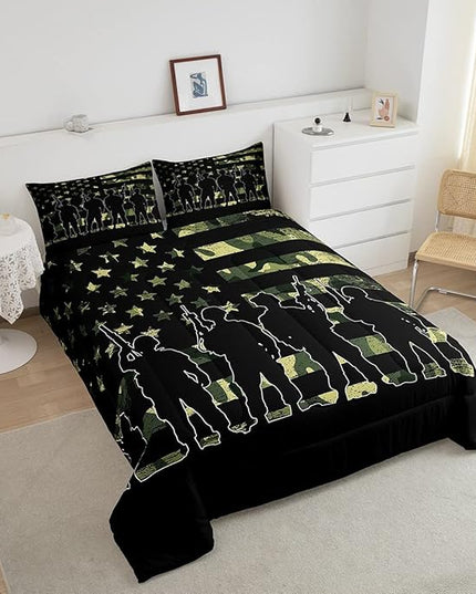 American Flag Comforter Set Twin for Boy Teen ArmyGreen Camouflage Down Comforter Adult Men Soldier Silhouettes Quilted Duvet Military Style Camo Bedding Comforters, 1 Comforter Set + 1 Pillowcase - LeafyLoom