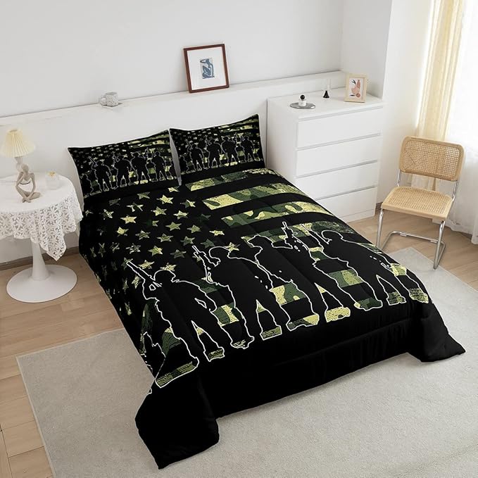 Erosebridal American Flag Camo Comforter Set King Size for Boy Teens Gilrs Kids ArmyGreen Camouflage Bedding Adult Men Soldier Silhouettes Quilted Duvet Military Style Camo Down Comforter - LeafyLoom