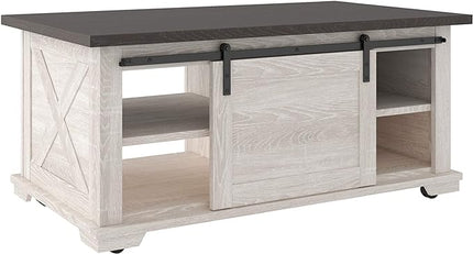 Signature Design by Ashley Dorrinson Farmhouse Coffee Table with Sliding Barn Doors, Antique White & Brown - LeafyLoom