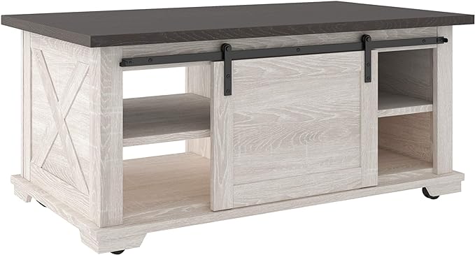 Signature Design by Ashley Dorrinson Farmhouse Coffee Table with Sliding Barn Doors, Antique White & Brown - LeafyLoom
