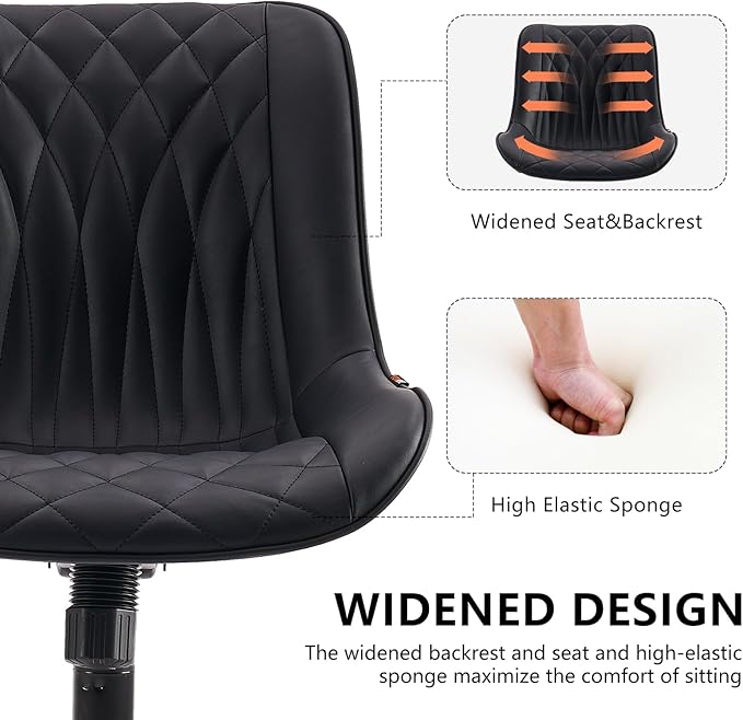 YOUNIKE Desk Chair with Wheels Armless Office Chair Swivel Rolling Task Chair with Back Upholstered Faux Leather Computer Chair Height Adjustable Modern Ergonomic Seat, Loads 300 lbs, Black - LeafyLoom