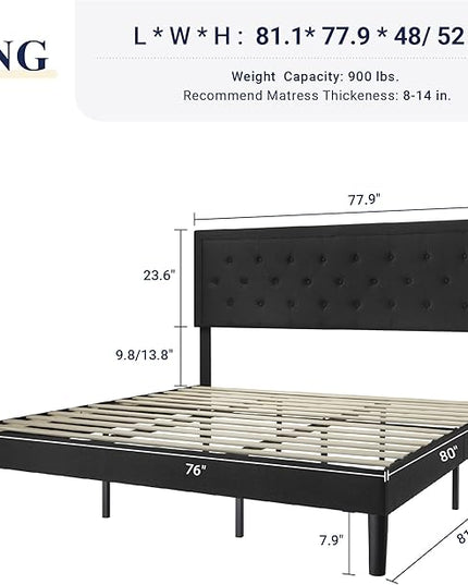 Allewie King Size Bed Frame Upholstered Platform Bed with Adjustable Headboard, Button Tufted, Wood Slat Support, Easy Assembly, Black - LeafyLoom
