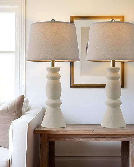 Oneach 25.75'' Farmhouse Ceramic Table Lamp for Living Room Bedside Lamps Office White Table Lamp Set of 2 for Bedroom Retro Nightstand Lamp End Table Lamps (Beige) - LeafyLoom