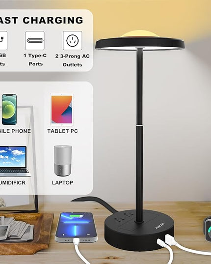 LED Table Lamp Dimmable Desk Lamp Reading Lamp with USB A & Type C Charging Port 2 Prong Outlet Power Touch Control Night Light Retractable for Bedroom, Living Room, Dorm, Study, Home Office - LeafyLoom