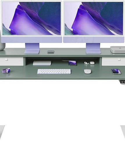 FEZIBO 55 x 24 Inch Height Adjustable Electric Standing Desk with Double Drawer, Stand Up Desk with Storage Shelf, Sit Stand Desk, Green - LeafyLoom