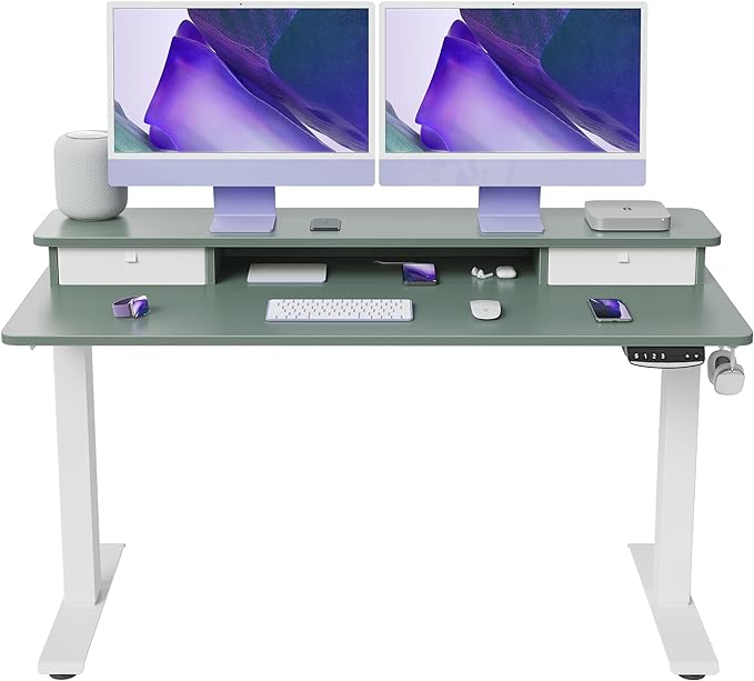 FEZIBO 55 x 24 Inch Height Adjustable Electric Standing Desk with Double Drawer, Stand Up Desk with Storage Shelf, Sit Stand Desk, Green - LeafyLoom