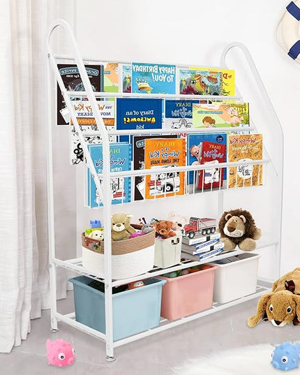 aboxoo Metal Kids Bookshelf Freestanding Bookcase for Children Room 32 in Large Toy Organizer Modern MinimalistWhite Stable Metel Bookstore Bedroom, Living, Library Book Unit Storage - LeafyLoom