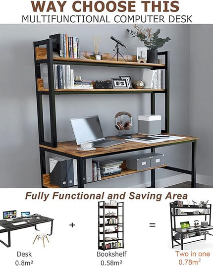 Aquzee Computer Desk with Hutch & Shelves, 47in Wide Desk with Bookshelf, 47“W x 23.6“D x 65“H Tall Home Office Desk, Metal Legs Study Table with Upper Storage Shelf for Study Writing/Workstation - LeafyLoom