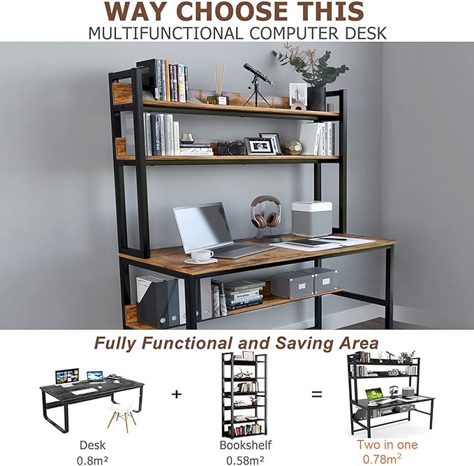 Aquzee Computer Desk with Hutch & Shelves, 47in Wide Desk with Bookshelf, 47“W x 23.6“D x 65“H Tall Home Office Desk, Metal Legs Study Table with Upper Storage Shelf for Study Writing/Workstation - LeafyLoom