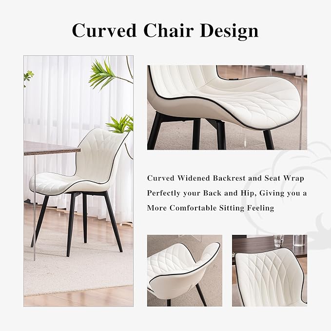 YOUNIKE Dining Chairs Set of 2, Upholstered Faux Leather Dining Room Chairs, Modern Living Room Bedroom Side Chairs with Wide Curved Back and Adjustable Metal Legs, Kitchen Chairs White - LeafyLoom