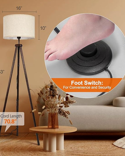 OUTON Wood Tripod Floor Lamp, Mid Century LED Dimmable Floor Lamp with Remote Control, 4 Color Temperature, Sturdy Tall Standing Lamp with Beige Linen Texture Shade for Living Room, Bedroom, Office - LeafyLoom