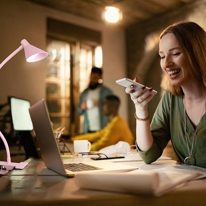 Desk Clip Reading Light, 3 Light Modes 10 Dimmable Brightness, Eye-Caring Bedroom Bedside Lamp, Flexible Neck Clamp Lamp（Pink） - LeafyLoom