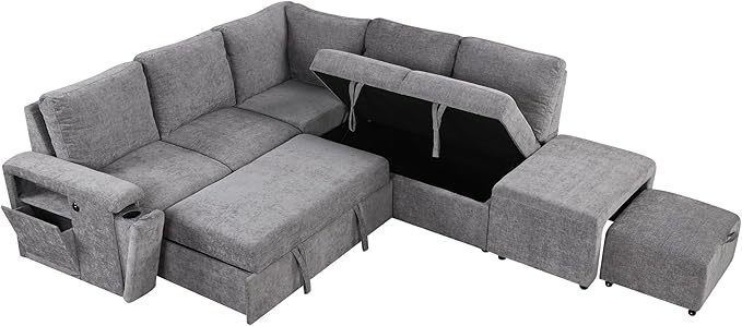 90.6'' L-shaped Modular Sectional Sofa with Storage Space, Ottoman and Pull-Out Bed, 6 Seat Upholstered Couch w/USB Ports & Cup Holders, for Living Rooms, Offices, Apartments, Gray, 90.6 Inch - LeafyLoom