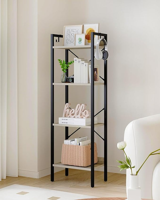 Bookshelf, Book Shelf, Industrial Bookcase with 2 Hooks, Coner Shelf Storage Organizer for Home Office, Living Room, Bedroom, Kitchen, 4-Tier Greige BC10405B - LeafyLoom