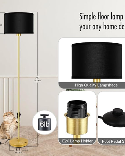 BoostArea Gold Floor Lamp Standing Lamp, 9W LED Floor Lamps with 3 Color Temperatures, Simple Tall Lamp with Linen Lampshade, On/Off Footswitch, Pole Lamps for Living Room, Bedroom, Office, Black - LeafyLoom