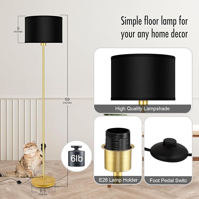 BoostArea Gold Floor Lamp Standing Lamp, 9W LED Floor Lamps with 3 Color Temperatures, Simple Tall Lamp with Linen Lampshade, On/Off Footswitch, Pole Lamps for Living Room, Bedroom, Office, Black - LeafyLoom