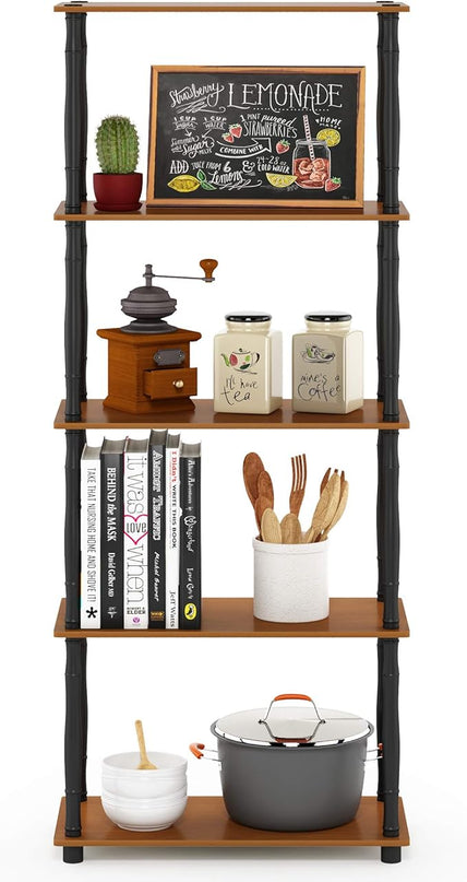 Furinno Turn-N-Tube 5-Tier Multipurpose Shelf / Display Rack / Storage Shelf / Bookshelf, Classic Tubes, Light Cherry/Black - LeafyLoom