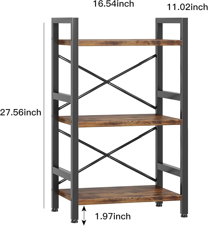 Conami Small Bookshelf, 3 Tier Industrial Bookcase, Bookcase Shelf Storage Organizer, Short Book Shelf for Bedroom, Living Room and Home Office, Vintage - LeafyLoom
