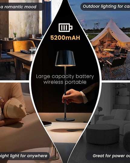 Modern LED Rechargeable Table Lamp,5200mAh Desk Lamp with Stepless Dimming, Touch Switch Cordless Waterproof Night Light for Bedroom Camping Restaurant Bar (Black, 3000K, Warm White) - LeafyLoom