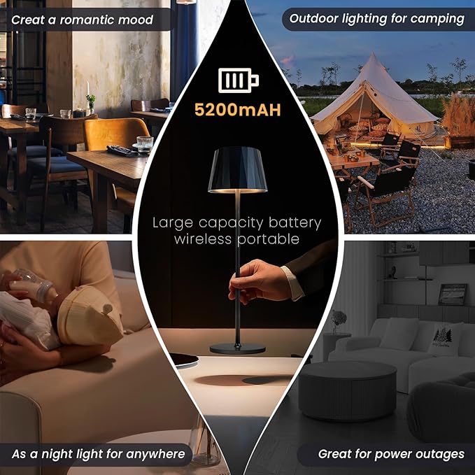 Modern LED Rechargeable Table Lamp,5200mAh Desk Lamp with Stepless Dimming, Touch Switch Cordless Waterproof Night Light for Bedroom Camping Restaurant Bar (Black, 3000K, Warm White) - LeafyLoom